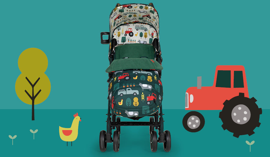 Cosatto Supa 3 Stroller in green print with farm animals and tractor on blue background