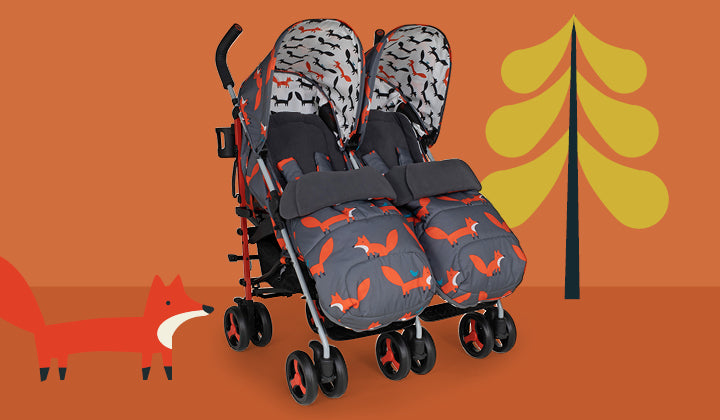 supa dupa double stroller with fox print with orange background