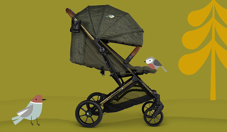 Green Cosatto Woosh Trail Stroller on a light green background with drawing of birds and trees