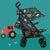 Green Cosatto Supa 3 Stroller with tractors and animal print on a blue background with a tractor drawing.
