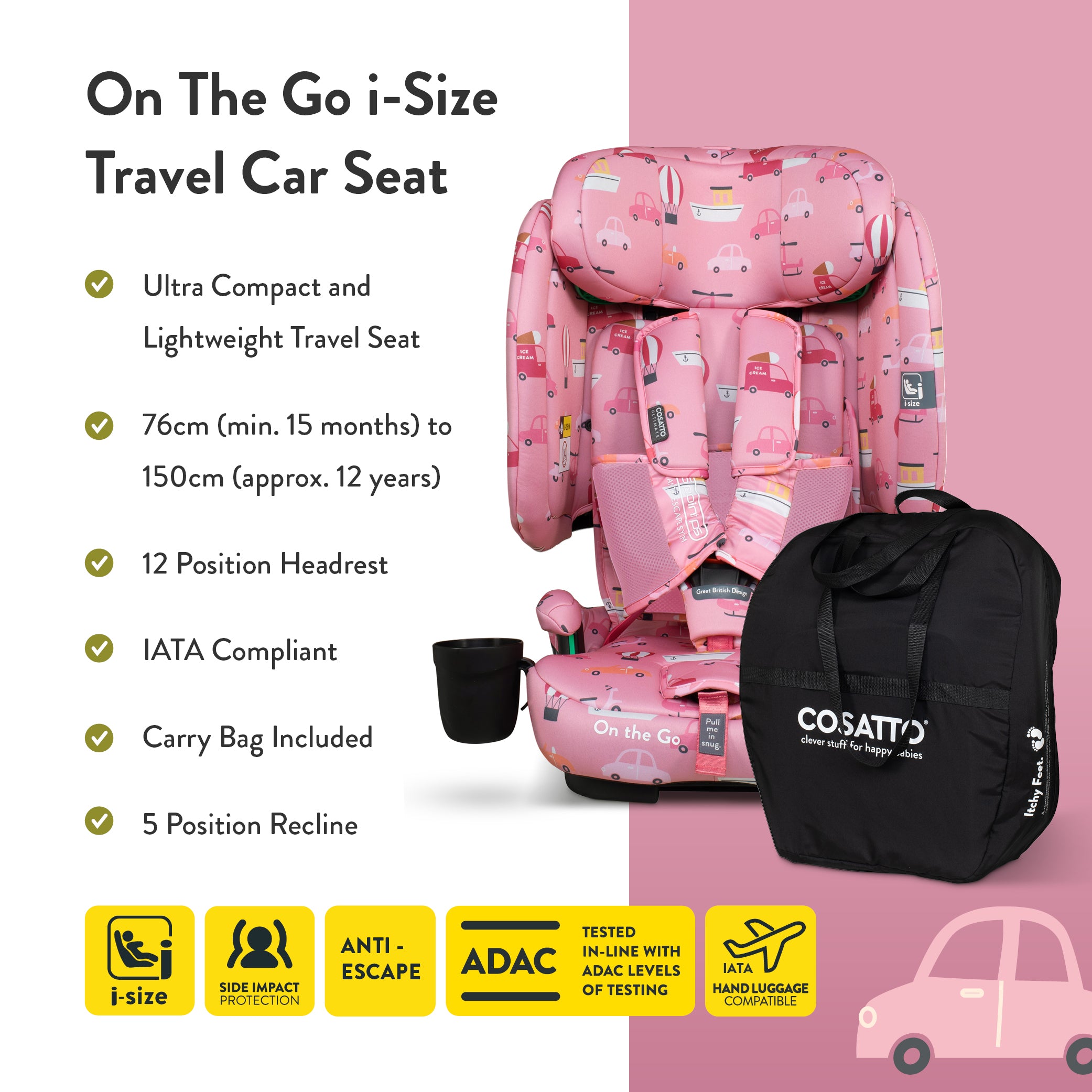 On The Go i-Size Travel Car Seat Itchy Feet Rosy