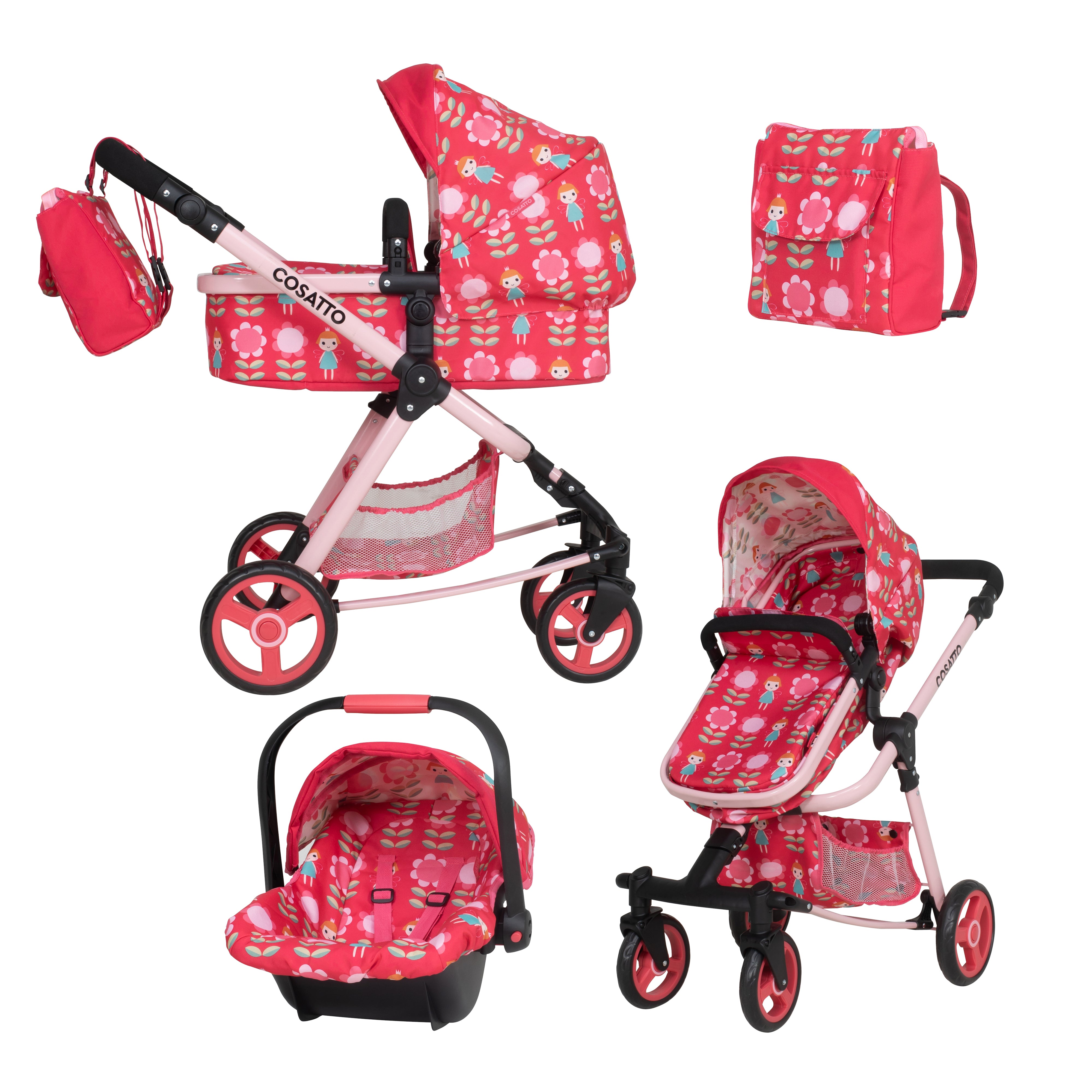 Pink flower and fairy print dolls pram with change bag, car seat and seat unit